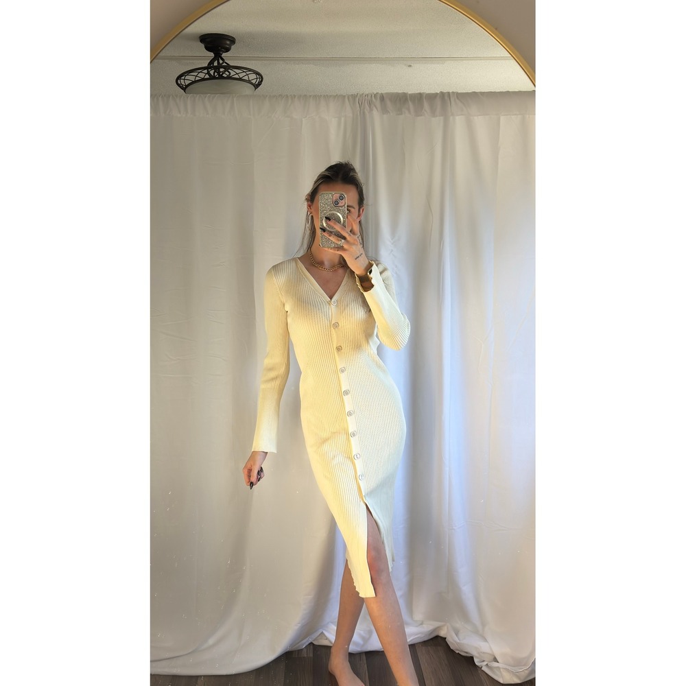 A New Day Ribbed Button Front V Neck‎ Midi Dress Cream XS